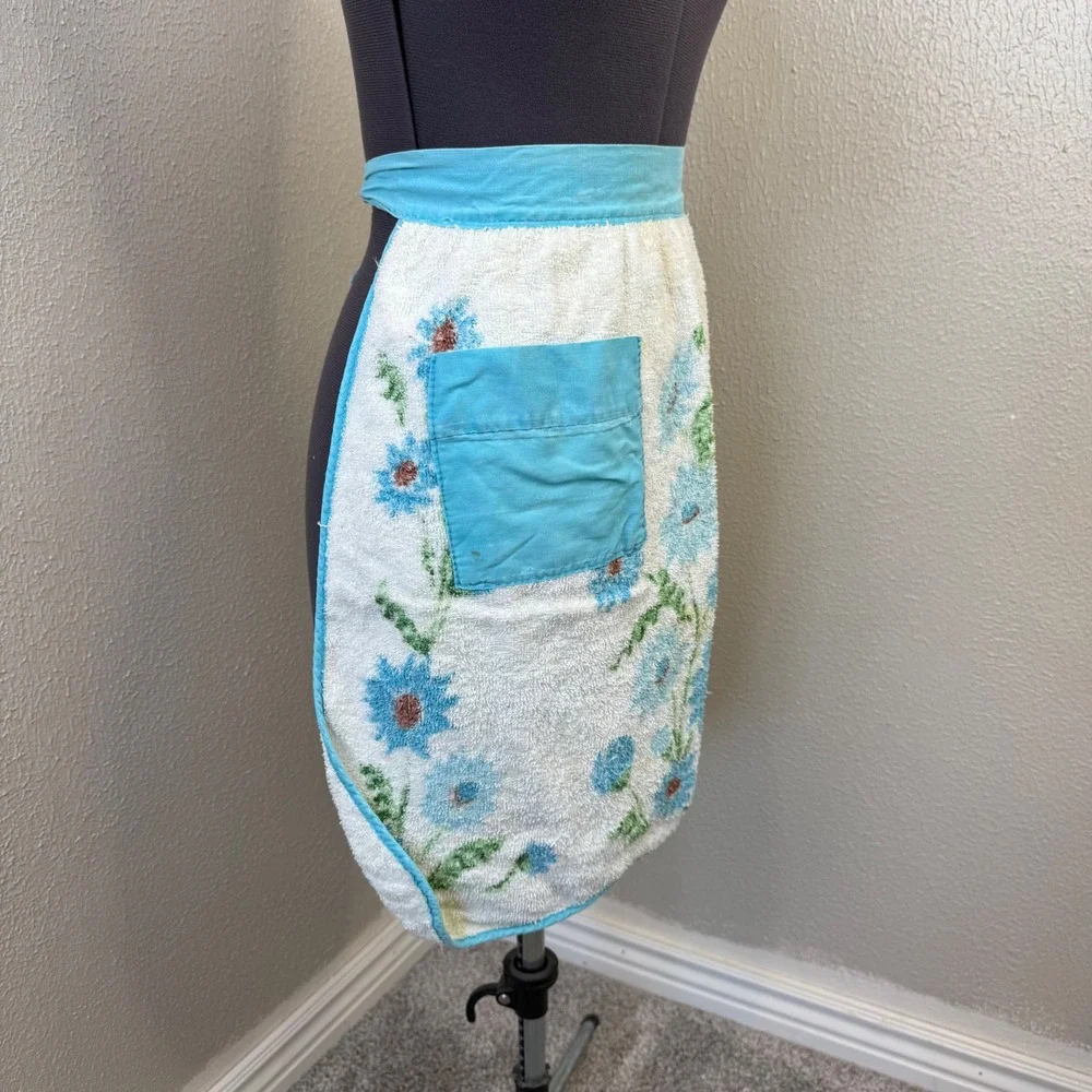 Vintage Terry Cloth Towel Half Apron Blue Floral Pocket Handmade Retro Kitchen